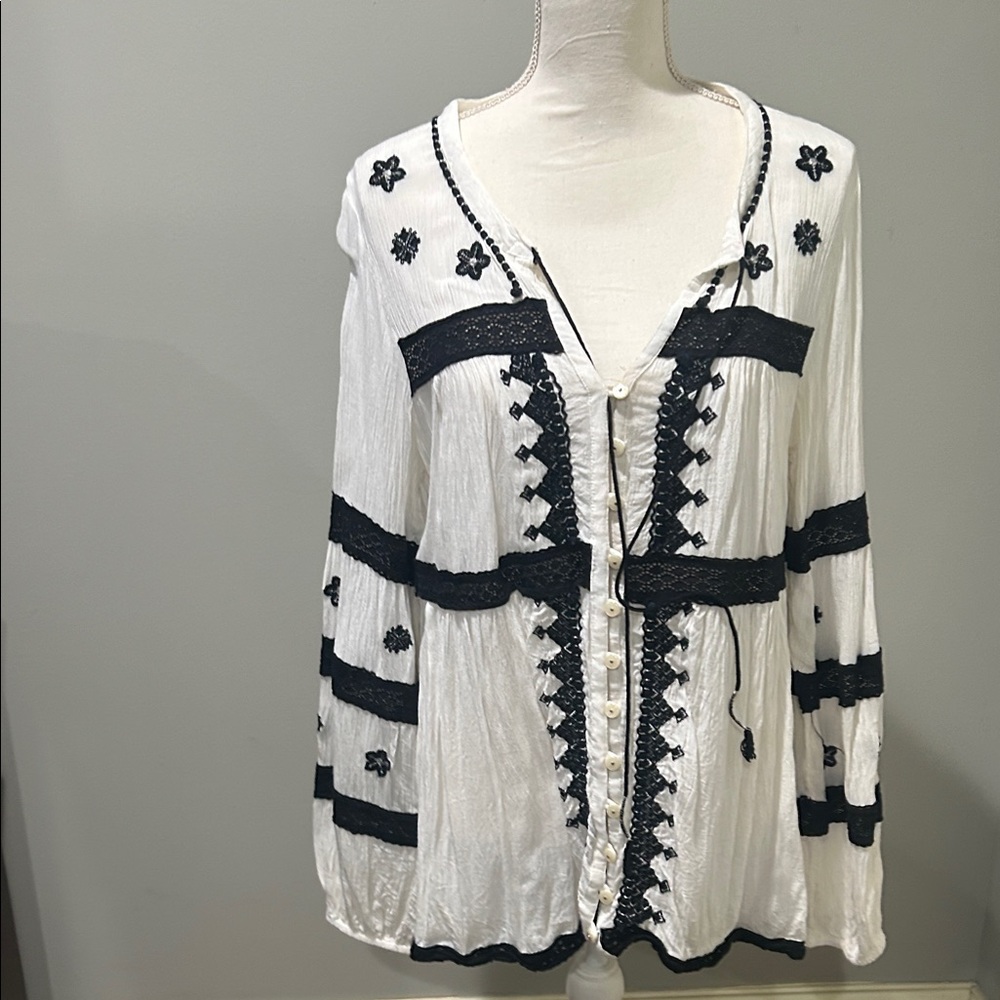 Free People Black and White Embroidered Blouse